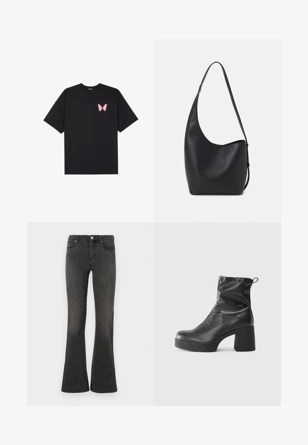 Tricou negru din bumbac cu mâneci scurte, având pe partea stângă a pieptului un mic grafic cu un fluture roz. Design cu guler rotund și croială lejeră.; Jeans negre cu evazare, confecționați din denim, cu studuri albe peste tot. Talie înaltă, cu un stil standard cu cinci buzunare și fermoar.; Bocanci negri de glezna din piele netedă, cu fermoar lateral, toc texturat și masiv, și design cu vârf rotund.; Geantă hobo din piele neagră, cu o textură netedă, formă curbată și un singur bretele ajustabil; are o deschidere largă în partea de sus.