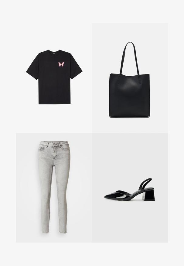 Fekete pamut póló rövid ujjakkal, bal mellkason egy kis rózsaszín pillangó grafikával. Kerek nyakú kialakítás, laza fazonnal.; Világosszürke skinny farmernadrág, magas derékkal, öt zsebes kialakítással és elszíneződött bokakivágásokkal. Simább textúra finom fakulással.; Fekete lakk bőr szandálkés magas sarkú cipő, hegyes orral és geometrikus tömbsarkakkal. Karcsú, minimalista dizájn és sima textúra jellemzi.; Fekete bőrtáska sima felszínnel, téglalap alakú, két hosszú füllel. Nincs látható fémkiegészítő vagy díszítés.