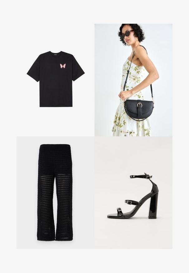 Juodas medvilnės marškinėliai trumpomis rankovėmis, su maža rožine drugelio grafika kairėje krūtinės pusėje. Apvalus kaklo iškirpimas, laisvas kirpimas.; Juodos megztos kelnės, turinčios tekstūrinį, atvirą tinklo dizainą su plačiomis kojomis. Liemuo yra elastingas, kad būtų patogu ir lengva dėvėti.; Juoda blizgi lakuota basutė su kvadratiniu pirštu, kulkšnies dirželiais ir sidabro sagtimis. Yra tvirta blokinė kulno konstrukcija, užtikrinanti stabilumą.; Juodas odinis krepšys su išlenkta forma, nuimamu dirželiu ir auksiniais detalėmis. Krepšys turi kilpą su sagtimi.