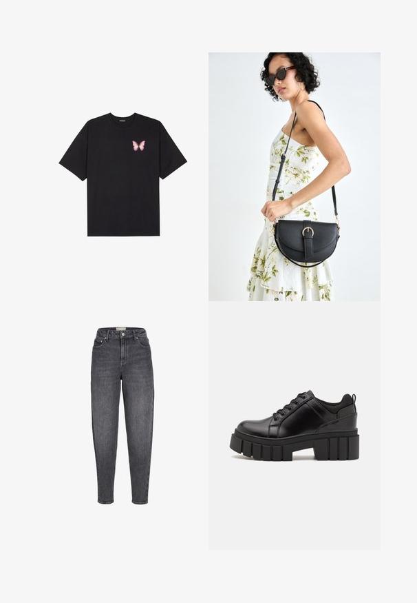 T-shirt de algodão preto com mangas curtas, apresentando um pequeno gráfico de borboleta rosa no lado esquerdo do peito. Design de gola redonda com um corte solto.; Jeans de denim preto de cintura alta, desbotados, com fecho de botão e zipper, bolsos frontal e traseiro, e corte justo nas pernas.; Sapatos de plataforma em couro preto com um salto bloco robusto, bico redondo e design clássico de atacadores. Apresentam uma textura suave e detalhes mínimos.; Bolsa de couro preta com forma curva, alça destacável e detalhes em dourado. A bolsa possui uma aba com detalhe de fivela.