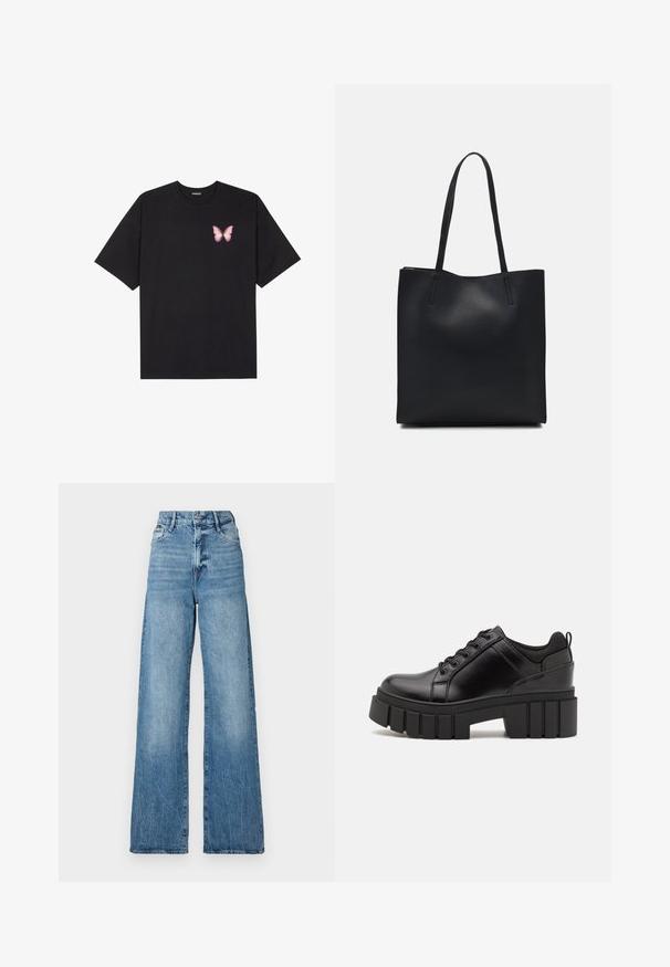 T-shirt de algodão preto com mangas curtas, apresentando um pequeno gráfico de borboleta rosa no lado esquerdo do peito. Design de gola redonda com um corte solto.; Calças de ganga de perna larga em azul claro, com uma cintura alta, design de cinco bolsos e detalhes de costura visíveis. O tecido apresenta uma textura desbotada.; Sapatos de plataforma em couro preto com um salto bloco robusto, bico redondo e design clássico de atacadores. Apresentam uma textura suave e detalhes mínimos.; Bolsa tote preta em couro com textura lisa, forma retangular e duas alças longas. Sem hardware ou enfeites visíveis.