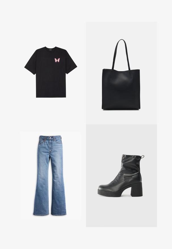 T-shirt de algodão preto com mangas curtas, apresentando um pequeno gráfico de borboleta rosa no lado esquerdo do peito. Design de gola redonda com um corte solto.; Jeans de ganga de cintura alta em azul claro, com ligeira evasé, fecho frontal por botão, passadores de cinto e design de cinco bolsos.; Botas de tornozelo pretas feitas de couro liso, com fecho lateral, salto grosso texturizado e design de bico arredondado.; Bolsa tote preta em couro com textura lisa, forma retangular e duas alças longas. Sem hardware ou enfeites visíveis.