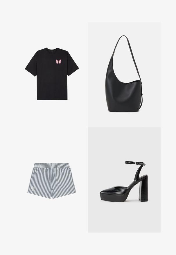 Čierne bavlnené tričko s krátkymi rukávmi, s malým ružovým motýlikom na ľavej hrudi. Design s okrúhlym výstrihom a uvoľneným strihom.; Pruhované šortky v svetlo modrej a bielej farbe, so širokým elastickým pásom a bočnými vreckami. Diskrétny detail loga na ľavom stehne.; Čierne platformové podpätky so špicatou špičkou a nastaviteľným členkovým remienkom. Vyrobené z hladkej kože a so robustným blokovým podpätkom.; Čierna kožená hobo taška so hladkou textúrou, zakriveným tvarom a jedným nastaviteľným popruhom; má široké otvorenie na vrchu.
