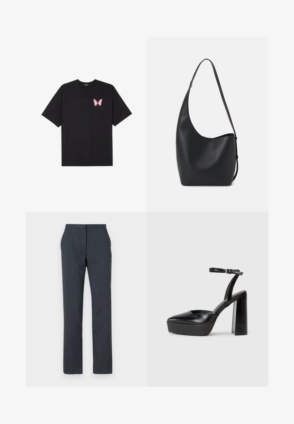 Fekete pamut póló rövid ujjakkal, bal mellkason egy kis rózsaszín pillangó grafikával. Kerek nyakú kialakítás, laza fazonnal.; Sötétkék nadrág függőleges csíkozással, testre szabott dizájn, sima textúra, egyenes lábak és standard derékpánt.; Fekete platform magassarkú cipők hegyes orral és állítható bokapánttal. Sima bőrből készült, vastag talppal.; Fekete bőr hobo táska sima textúrával, ívelt formával és egyetlen állítható pánttal; széles nyílás található a tetején.