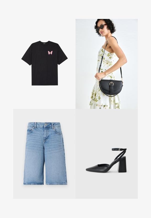Fekete pamut póló rövid ujjakkal, bal mellkason egy kis rózsaszín pillangó grafikával. Kerek nyakú kialakítás, laza fazonnal.; Világoskék farmer rövidnadrág laza szabással, öt zsebes kialakítással, elülső gombos zárással és márkázott derékpánttal.; Fekete bőr, hegyes orrú magassarkú cipő boka pánttal és vastag sarokkal. Sima textúra, elegáns dizájn és minimális esztétika.; Fekete bőrtáska ívelt formával, levehető pánttal és arany színű fémrészekkel. A táskán egy csattal díszített fedél található.