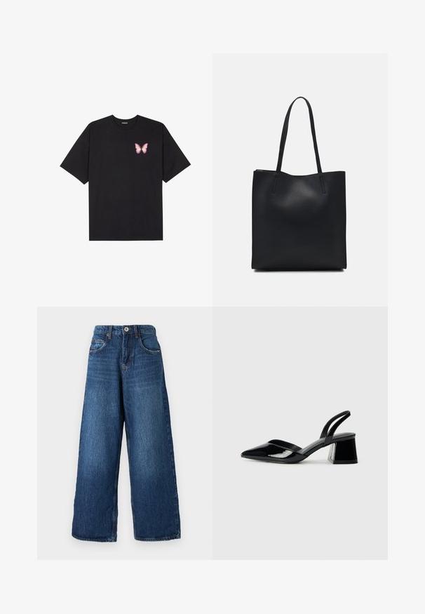 Musta puuvillapaita lyhyillä hihoilla, jossa on pieni vaaleanpunainen perhosgrafiikka vasemmassa rinnassa. Pyöreä kaula-aukko ja rento istuvuus.; Lohkot denim-housut tummansinisinä, joissa on klassinen viiden taskun malli, nappikiinnitys ja hillitty haalistuminen kankaassa.; Mustat patentoitu nahkakengät, joissa on säären takaosa ja terävä kärki, sekä geometrinen palikkakorko. Sisältää tyylikkään, minimalistisen muotoilun ja sileän pinnan.; Mustapahkainen kangaskassi, jossa on sileä pinta, suorakaiteen muotoinen ja kaksi pitkää kahvaa. Ei näkyvää metalliosaa tai koristeita.