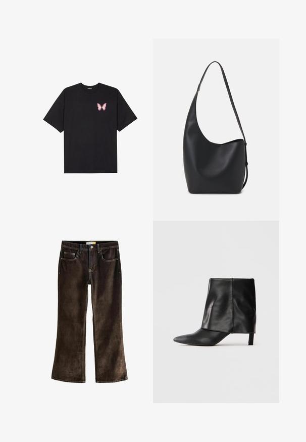 Juodas medvilnės marškinėliai trumpomis rankovėmis, su maža rožine drugelio grafika kairėje krūtinės pusėje. Apvalus kaklo iškirpimas, laisvas kirpimas.; Rudos kordūrinio audinio bootcut džinsai su kontrastingais geltonais siūlais, penkios kišenės ir mygtuko uždarymas juosmens srityje.; Juodas odinis vidutinio aukščio batai su smailiu pirštu, sulenkta viršutine dalimi ir plonu žemu kulnu, stovintys ant balto fono.; Juodas odinis hobo maišas su lygiu paviršiumi, kreipta forma ir viena reguliuojama rankena; turi platų atidarymą viršuje.