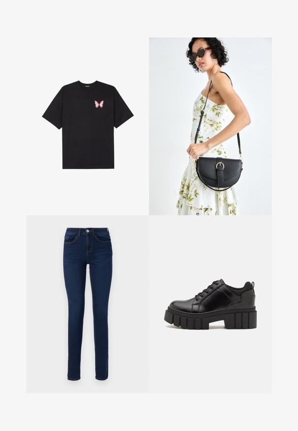 Fekete pamut póló rövid ujjakkal, bal mellkason egy kis rózsaszín pillangó grafikával. Kerek nyakú kialakítás, laza fazonnal.; Sötétkék skinny farmernadrág, mely denimből készült. Elöl gombos záródás, övbujtók és diszkrét varrási részletek találhatók rajta. Kényelmes mindennapi viselethez megfelelő.; Fekete bőr platform cipők vaskos blokk sarkakkal, kerek orral és hagyományos fűzős kialakítással. Simára csiszolt felület és minimális részletezés jellemzi.; Fekete bőrtáska ívelt formával, levehető pánttal és arany színű fémrészekkel. A táskán egy csattal díszített fedél található.