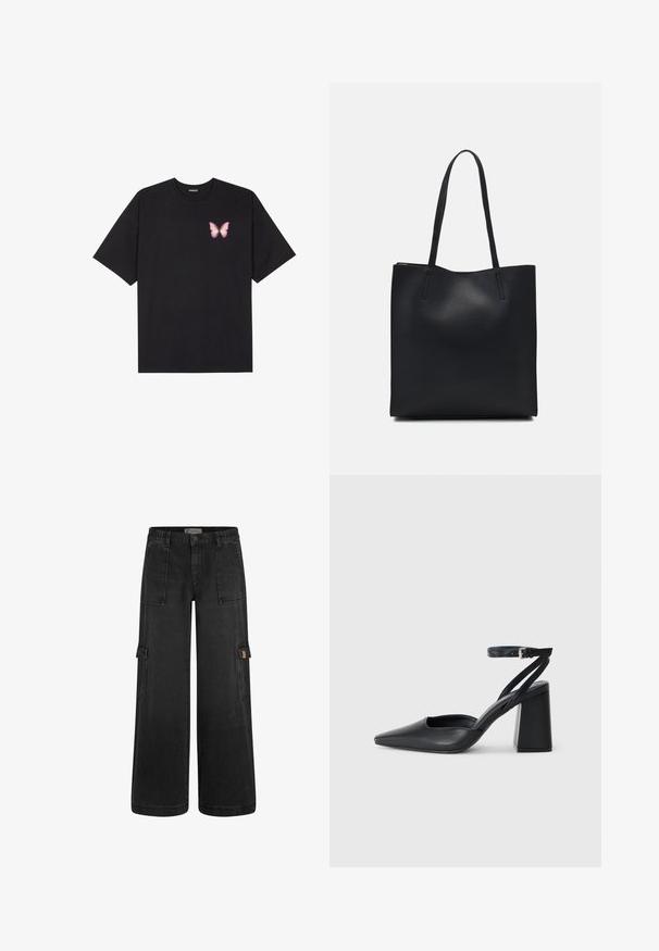 Black cotton t-shirt with short sleeves, featuring a small pink butterfly graphic on the left chest. Crew neck design with a relaxed fit.; Black cargo pants with a relaxed fit, elastic waistband, multiple front pockets, and side cargo pockets. Made from durable denim material.; Black leather pointy-toe pump with an ankle strap and a chunky heel. Flat texture, sleek design, and minimalistic aesthetics.; Black leather tote bag with smooth texture, rectangular shape, and two long handles. No visible hardware or embellishments.