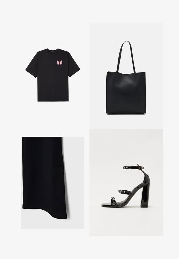 Czarny bawełniany t-shirt z krótkim rękawem, z małym różowym motylkiem na lewej piersi. Klasyczny dekolt z luźnym fasonem.; Czarne spodenki sportowe o gładkiej fakturze, z zakrzywionym dołem, boczną kieszenią i kontrastowymi szwami, zaprojektowane z myślą o komforcie i mobilności.; Czarne lakierowane sandały na obcasie z kwadratowym noskiem, z paskami wokół kostki i srebrnymi klamrami. Posiadają masywny słupek dla stabilności.; Czarna skórzana torba tote o gładkiej fakturze, prostokątnym kształcie i dwóch długich uchwytach. Brak widocznych elementów metalowych i ozdób.