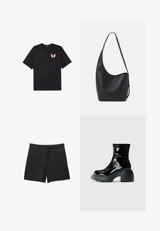 Czarny bawełniany t-shirt z krótkim rękawem, z małym różowym motylkiem na lewej piersi. Klasyczny dekolt z luźnym fasonem.; Czarne lniane szorty o dopasowanym kroju, gładkim przodzie, z paskiem i kieszeniami po bokach. Gładka tekstura z wykończeniem na równo.; Lśniący czarny platformowy botek za kostkę z okrągłym noskiem, masywnym obcasem, zapięciem na zamek błyskawiczny i grubą, żłobioną podeszwą na białym tle.; Czarna skórzana torba hobo o gładkiej fakturze, zaokrąglonym kształcie i pojedynczym, regulowanym pasku; posiada szerokie otwarcie na górze.