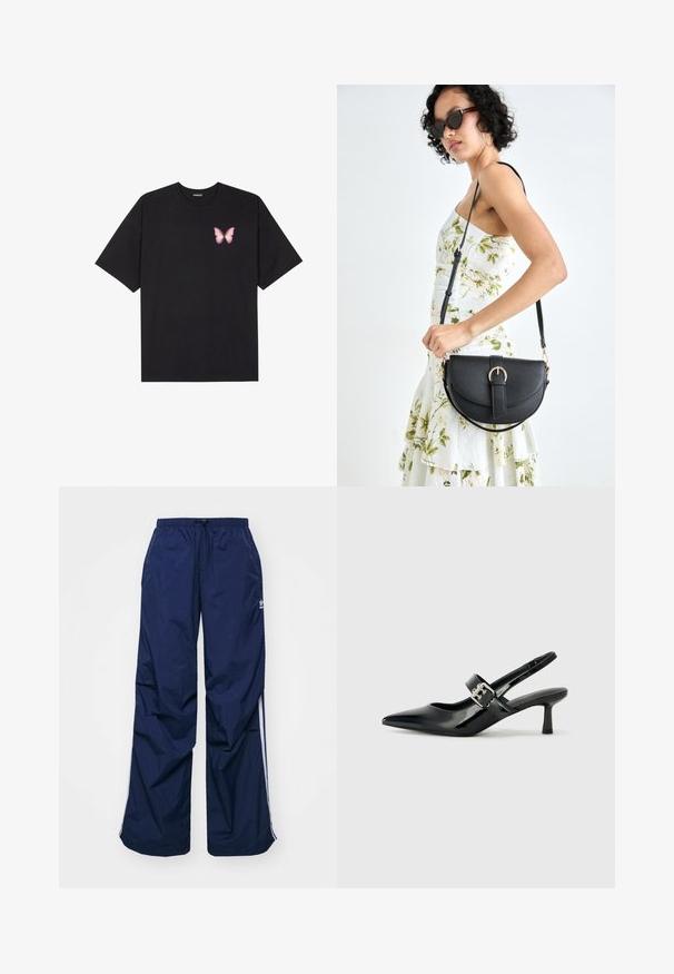 T-shirt de algodão preto com mangas curtas, apresentando um pequeno gráfico de borboleta rosa no lado esquerdo do peito. Design de gola redonda com um corte solto.; Calças azul-marinho, leves, com cintura elástica e cordão, apresentando riscas brancas laterais e um pequeno logótipo na parte da frente. Design folgado.; Saltos slingback em verniz preto com bico pontiagudo e um pequeno salto bloco, apresentando um detalhe de fivela prateada na tira.; Bolsa de couro preta com forma curva, alça destacável e detalhes em dourado. A bolsa possui uma aba com detalhe de fivela.