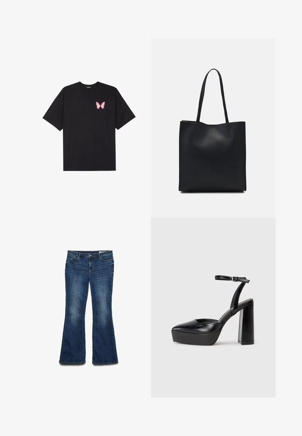 Juodas medvilnės marškinėliai trumpomis rankovėmis, su maža rožine drugelio grafika kairėje krūtinės pusėje. Apvalus kaklo iškirpimas, laisvas kirpimas.; Plati mėlynos džinsinės kelnės su vidutinio skalbimo apdaila, turinčios penkis kišenes, priekinį mygtukų uždarymą ir siuvinėtas detales palei siūles.; Juodi platforminiai aukšti kulniukai su smailiu kojų pirštu ir reguliuojamu kulkšnies dirželiu. Pagaminti iš lygaus odos, turi masyvų blokinį kulną.; Juodas odinis tote krepšys su lygia tekstūra, stačiakampio formos ir dviem ilgais rankenomis. Matomų metalinių detalių ar puošybos nėra.