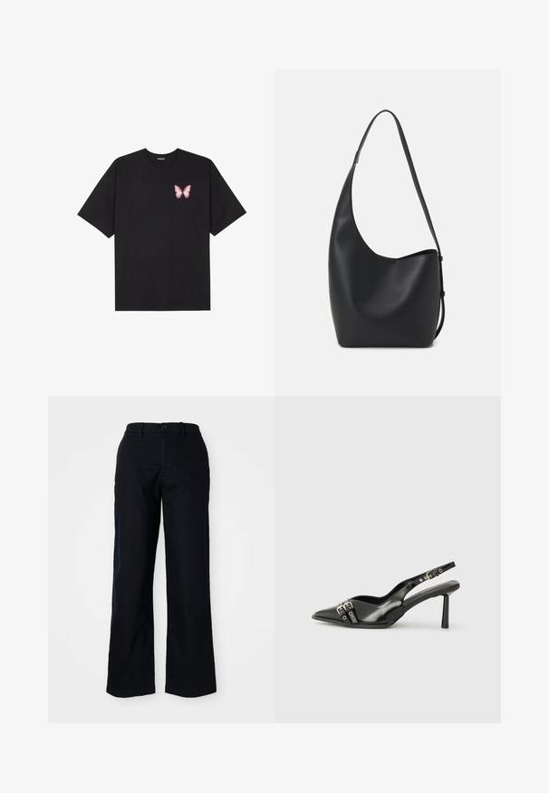 Camiseta de algodón negra de manga corta, con un pequeño gráfico de mariposa rosa en el lado izquierdo del pecho. Diseño de cuello redondo con un corte relajado.; Pantalones negros de pierna ancha hechos de algodón. Presentan un cierre frontal con botón, presillas para cinturón y una textura suave. Sin patrones o acentos notables.; Zapato de charol negro tipo slingback con punta afilada, correas al tobillo con hebillas y herrajes de plata, y un tacón delgado.; Bolso tipo hobo de cuero negro con una textura suave, forma curvada y una sola correa ajustable; presenta una amplia apertura en la parte superior.