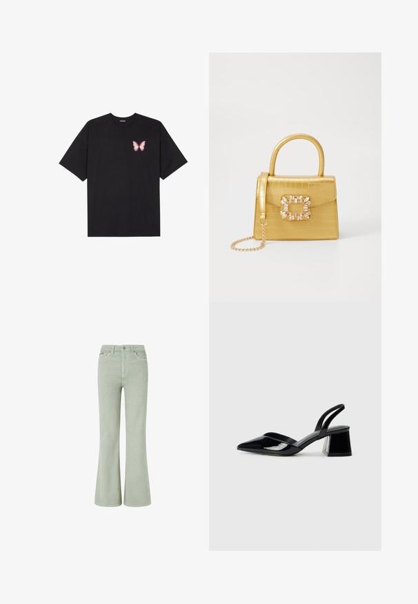 Black cotton t-shirt with short sleeves, featuring a small pink butterfly graphic on the left chest. Crew neck design with a relaxed fit.; Green corduroy flared jeans with a mid-rise waist, featuring front pockets, a button closure, and a soft texture.; Black patent leather slingback heels with a pointed toe and a geometric block heel. Features a sleek, minimal design and smooth texture.; Yellow faux-crocodile handbag with a structured design, top handle, detachable chain strap, and decorative crystal embellishment on the clasp.