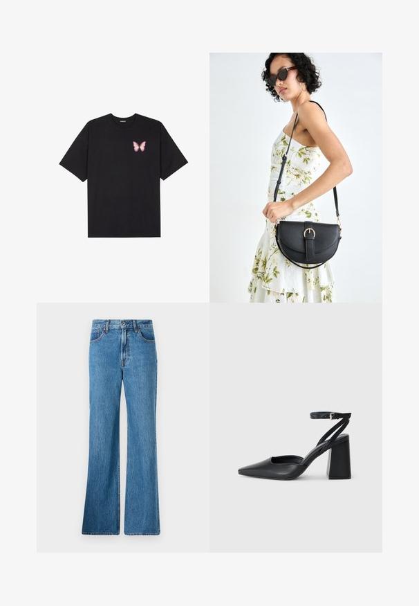 Must muströöpidega must puuvillane T-särk, vasakul rinnal on väike roosa liblikas. Ümar kaelus ja vabalt istuv lõige.; Heledad sinine denimist laienevad teksad, millel on kõrge vöökoht, eesmine taskud ja klassikaline õmblus. Kangas on tekstuurse viimistlusega.; Mustmustest must-käigukingad, millel on konksuga nöör ja paks konts. Ühtlane tekstuur, stiilne disain ja minimalistlik esteetika.; Mustmust mustraha kõverate joontega, eemaldatava rihmaga ja kuldsete detailidega. Kotil on klapp, millel on pandladetail.