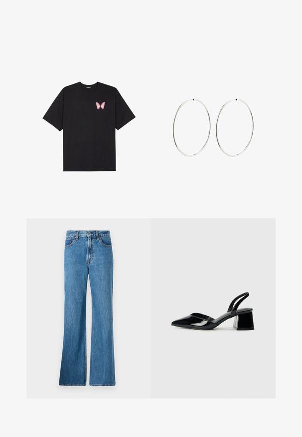 Črna bombažna majica s kratkimi rokavi, ki ima majhen roza metuljček na levi strani prsnega dela. Majica s krožnim ovratnikom in sproščenim krojem.; Svjetloplave traperice s izbačenim krojem imaju visok struk, prednje džepove i klasične šavove. Tkanina ima teksturiranu površinu.; Črne lakirane slingback pete s koničastim nosom in geometrijsko blokasto peto. Imajo eleganten, minimalističen dizajn in gladko teksturo.; Srebrne obročaste uhane z gladkim, okroglim dizajnom in poliranim zaključkom. So tanke in lahke, z enostavnim zapiranjem na sponko.