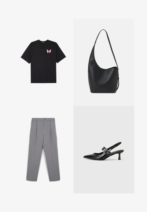 T-shirt en coton noir à manches courtes, avec un petit graphique de papillon rose sur la poitrine gauche. Modèle à col rond avec une coupe décontractée.; Pantalons plissés gris en tissu lisse, dotés d'une fermeture à bouton à l'avant, de passants de ceinture et d'une coupe droite.; Escarpins slingback en cuir verni noir avec un bout pointu et un petit talon bloc, mettant en avant un accent en boucle argentée sur la sangle.; Sac hobo en cuir noir avec une texture lisse, une forme incurvée et une seule sangle réglable ; dispose d'une large ouverture en haut.