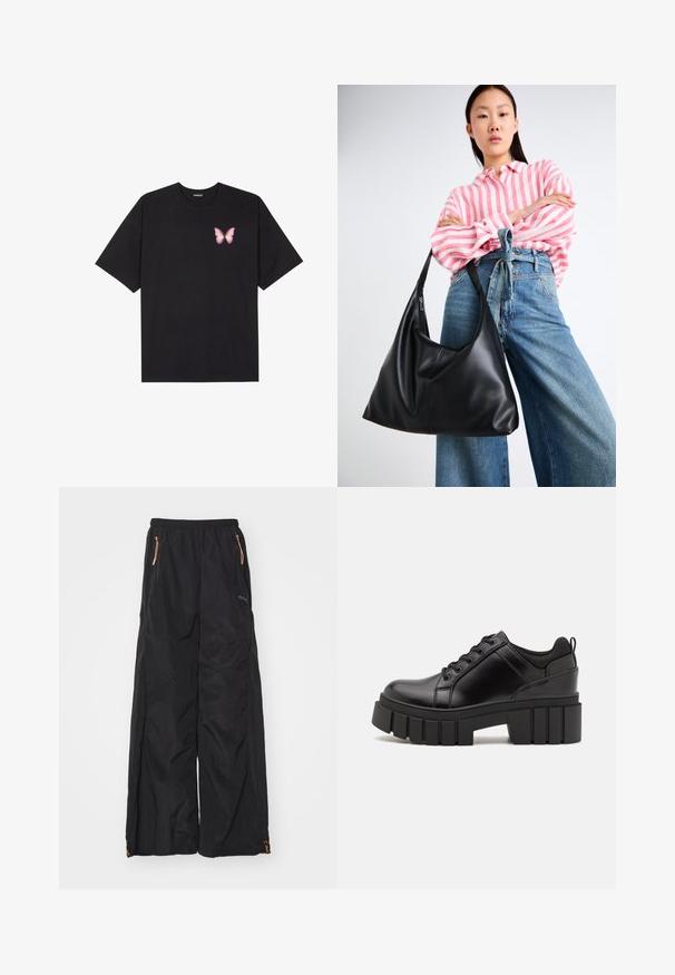 Black cotton t-shirt with short sleeves, featuring a small pink butterfly graphic on the left chest. Crew neck design with a relaxed fit.; Black, wide-leg trousers made of lightweight fabric with elastic waistband, two zippered pockets, and orange hardware accents.; Black leather platform shoes with a chunky block heel, round toe, and traditional lace-up design. Features smooth texture and minimal detailing.; Black leather shoulder bag with a slouchy shape and seam details. Model wears a pink and white striped shirt with wide-leg blue jeans.