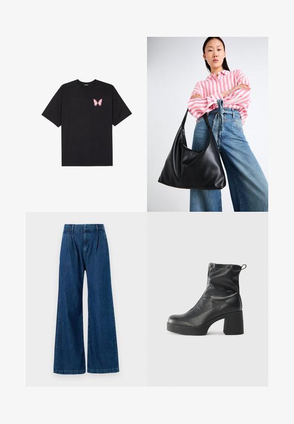 Μαύρο βαμβακερό μπλουζάκι με κοντά μανίκια, διαθέτοντας ένα μικρό ροζ γραφικό πεταλούδας στο αριστερό στήθος. Σχέδιο με στρογγυλή λαιμόκοψη και άνετη εφαρμογή.; Πολυάριθμες τζιν παντελόνες σε σκούρο μπλε. Διαθέτουν πτυχώσεις στην μπροστινή πλευρά και ραφές στη μέση και το τελείωμα. Κατασκευασμένες από βαμβακερό ύφασμα.; Μαύρες μποτές μέχρι τον αστράγαλο από λείο δέρμα, με πλευρικό φερμουάρ, χοντρό υφασμάτινο τακούνι και στρογγυλή μύτη.; Μαύρη δερμάτινη τσάντα ώμου με χαλαρή σιλουέτα και λεπτομέρειες ραφής. Το μοντέλο φοράει μπλούζα με ροζ και λευκές ρίγες και μπλε φαρδιά τζιν παντελόνια.