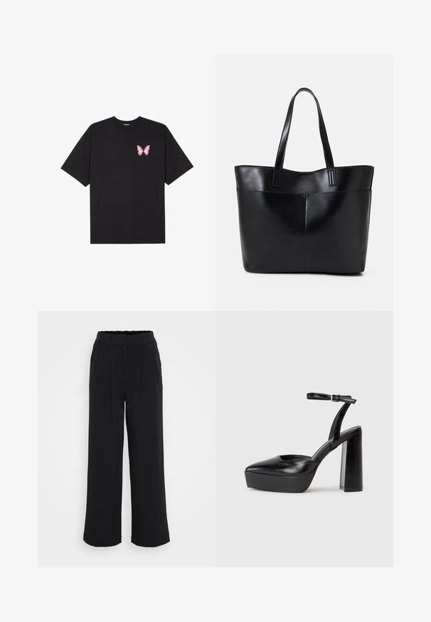 Črna bombažna majica s kratkimi rokavi, ki ima majhen roza metuljček na levi strani prsnega dela. Majica s krožnim ovratnikom in sproščenim krojem.; Črne široke hlače iz gladkega materiala, s plisé sprednjim delom, z elastičnim pasom in brez vidnih žepov ali kovinskih delov.; Črne platforme z visokimi petami in koničastim nosom ter nastavljivim gležnjenjskim trakom. Narejene iz gladke usnje, s kockasto peto.; Črna usnjena torba z dvema dolgima ročajema, gladko teksturo in strukturirano obliko. Ima sprednji žep za dodatno shranjevanje.