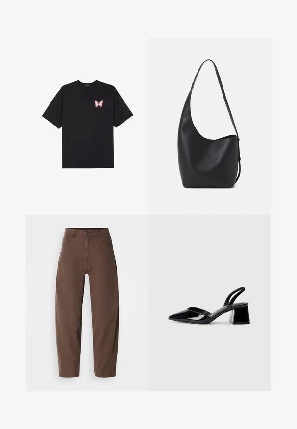 Zwarte katoenen t-shirt met korte mouwen, voorzien van een kleine roze vlinder graphic op de linkerkant van de borst. Crew neck ontwerp met een relaxte fit.; Bruine rechte broek met vooraan een knoop en rits, riemlussen en zijzakken, weergegeven op een witte achtergrond.; Zwarte gepatineerde leren slingback hakken met een spitse neus en een geometrische blokhak. Kenmerkt zich door een slank, minimalistisch ontwerp en een gladde textuur.; Zwarte leren hobo tas met een gladde textuur, kromme vorm en een enkele verstelbare schouderband; heeft een brede opening aan de bovenkant.