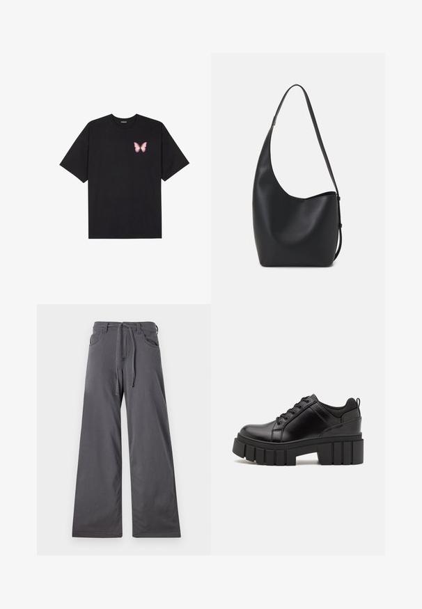 Tricou negru din bumbac cu mâneci scurte, având pe partea stângă a pieptului un mic grafic cu un fluture roz. Design cu guler rotund și croială lejeră.; Pantaloni larghi gri, confecționați dintr-un material neted, având un tiv cu șnur, buzunare frontale și o siluetă dreaptă.; Pantofi cu talpă plată din piele neagră, cu toc gros, vârf rotund și design tradițional cu șireturi. Prezintă o textură netedă și detalii minime.; Geantă hobo din piele neagră, cu o textură netedă, formă curbată și un singur bretele ajustabil; are o deschidere largă în partea de sus.