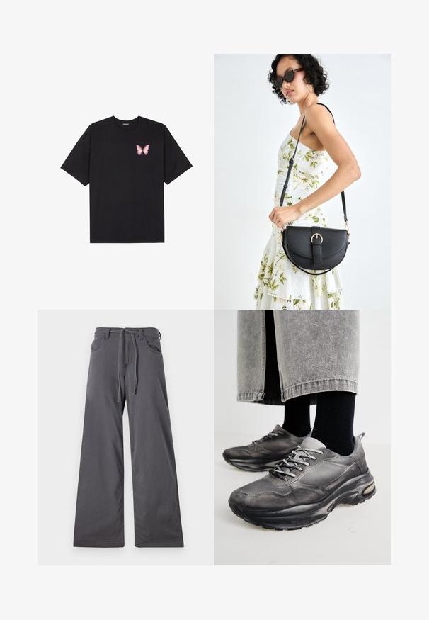 T-shirt de algodão preto com mangas curtas, apresentando um pequeno gráfico de borboleta rosa no lado esquerdo do peito. Design de gola redonda com um corte solto.; Calças largas cinzas feitas de um tecido suave, com cintura elástica ajustável, bolsos frontais e uma silhueta reta.; Sapatilhas atléticas pretas e cinzentas apresentam um upper em malha, solas espessas e atacadores. Têm um bico arredondado e detalhes de amortecimento visíveis.; Bolsa de couro preta com forma curva, alça destacável e detalhes em dourado. A bolsa possui uma aba com detalhe de fivela.