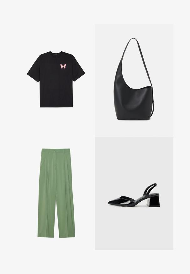 T-shirt en coton noir à manches courtes, avec un petit graphique de papillon rose sur la poitrine gauche. Modèle à col rond avec une coupe décontractée.; Pantalons larges verts fabriqués en tissu lisse. Présentent des plis à l'avant, une fermeture à bouton unique et des passants de ceinture.; Escarpins en cuir verni noir avec bout pointu et talon bloc géométrique. Présente un design élégant et minimaliste ainsi qu'une texture lisse.; Sac hobo en cuir noir avec une texture lisse, une forme incurvée et une seule sangle réglable ; dispose d'une large ouverture en haut.