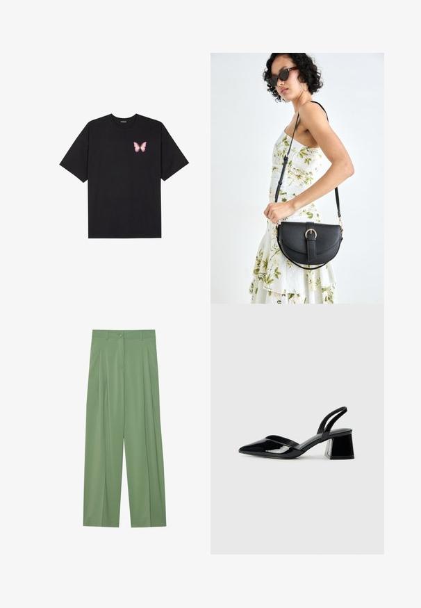 Musta puuvillapaita lyhyillä hihoilla, jossa on pieni vaaleanpunainen perhosgrafiikka vasemmassa rinnassa. Pyöreä kaula-aukko ja rento istuvuus.; Vihreät leveät housut, jotka on valmistettu sileästä kankaasta. Ominaisuuksiin kuuluu poimut etuosassa, yksi nappikiinnitys ja vyölenkit.; Mustat patentoitu nahkakengät, joissa on säären takaosa ja terävä kärki, sekä geometrinen palikkakorko. Sisältää tyylikkään, minimalistisen muotoilun ja sileän pinnan.; Musta nahkainen käsilaukku, joka on kaareva muotoilultaan, irrotettavalla hihnalla ja kultaisilla yksityiskohdilla. Laukussa on läppä, jossa on solk yksityiskohta.