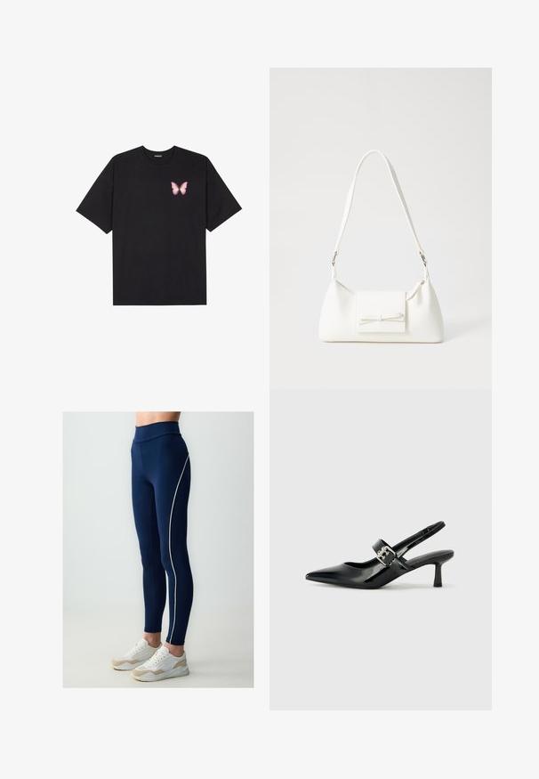Zwarte katoenen t-shirt met korte mouwen, voorzien van een kleine roze vlinder graphic op de linkerkant van de borst. Crew neck ontwerp met een relaxte fit.; Marineblauwe legging met een hoge tailleband, voorzien van een witte zijpijpdetail, gemaakt van rekbaar materiaal. Gecombineerd met witte en beige sneakers.; Zwarte gepatineerde leren slingback hakken met een puntige neus en een kleine blokhak, met een zilveren gespaccent op de band.; Witte synthetische handtas met een driehoekige vorm, platte voorklep en strikdetail, verstelbare schouderriem, gladde textuur en minimalistisch ontwerp.