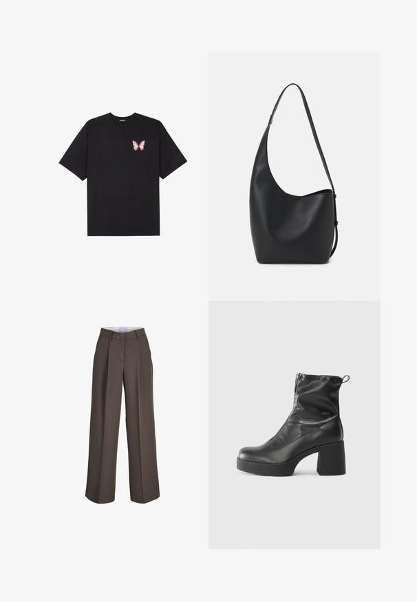 Crna pamučna majica s kratkim rukavima, s malim grafičkim prikazom ružičaste vjetricaste s desne strane na prsima. Dizajn s okruglim izrezom i opuštenim krojem.; Hlače širokih nogavica od smešnog materijala, s visokim strukom, prednjim plitovima i glatkom teksturom. Uključuju petlje za pojas radi dodatnog detalja.; Crne gležnjače od glatke kože, s bočnim zatvaračem, debelim teksturiranim potplatom i dizajnom s zaobljenim prstima.; Crna kožna hobo torba s glatkom teksturom, zakrivljenim oblikom i jednom podesivom trakicom; ima širok otvor na vrhu.