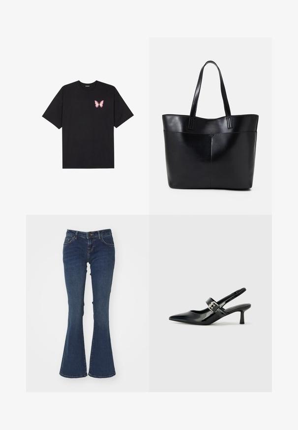 Must muströöpidega must puuvillane T-särk, vasakul rinnal on väike roosa liblikas. Ümar kaelus ja vabalt istuv lõige.; Pahkliku jeanid sinine denim, valmistatud puuvillast, vahe kõrgusega talje, viie tasku disain ja kontrastne niit õmbluste ääres.; Mustad patenteeritud nahast sildiga kontsad, millel on terav nina ja väike plokk-konts, mille rihmal on hõbedane pandla aksessuaar.; Must mustaga musta nahast, millel on kaks pikka kanda, sile tekstuur ja struktureeritud kuju. Esipoolsel on lisakoti jaoks tasku.