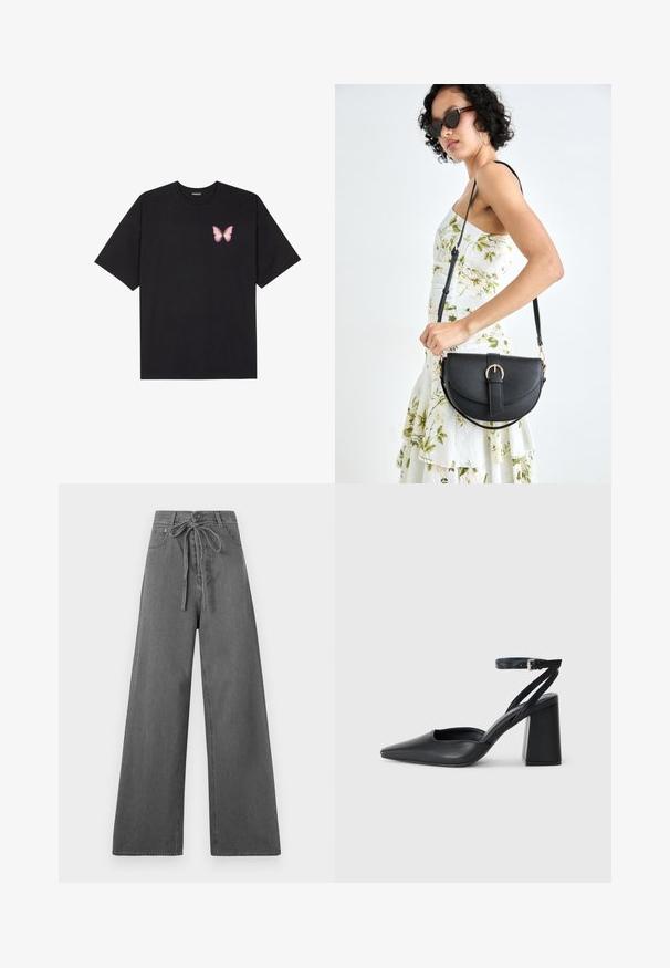 Svart bomullströja med korta ärmar, med en liten rosa fjärilsgrafik på vänster bröst. Rundad halsdesign med en avslappnad passform.; Grå vida byxor med snörning i midjan, uppvisade mot en enfärgad vit bakgrund.; Svart läderpumps med spetsig tå, ankelrem och kraftig klack. Slät textur, stilren design och minimalistisk estetik.; Svart läderhandväska med en böjd form, avtagbar rem och guldiga detaljer. Väskan har ett lock med en spänndetalj.