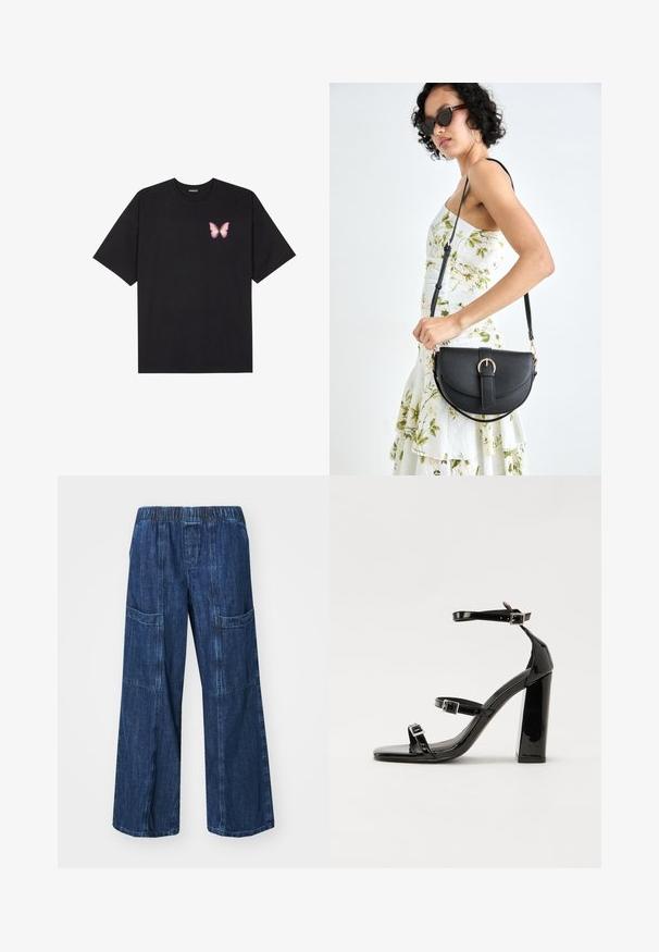 Musta puuvillapaita lyhyillä hihoilla, jossa on pieni vaaleanpunainen perhosgrafiikka vasemmassa rinnassa. Pyöreä kaula-aukko ja rento istuvuus.; GAP UTILITY EASY MALA - Leveälahkeiset - dark indigo; Musta kiiltävä korkokenkä sandaalit neliönmuotoisella varpaalla, nilkkaremmillä ja hopeisilla soljilla. Varustettu tukevalla lohkokorkealla vakauden takaamiseksi.; Musta nahkainen käsilaukku, joka on kaareva muotoilultaan, irrotettavalla hihnalla ja kultaisilla yksityiskohdilla. Laukussa on läppä, jossa on solk yksityiskohta.