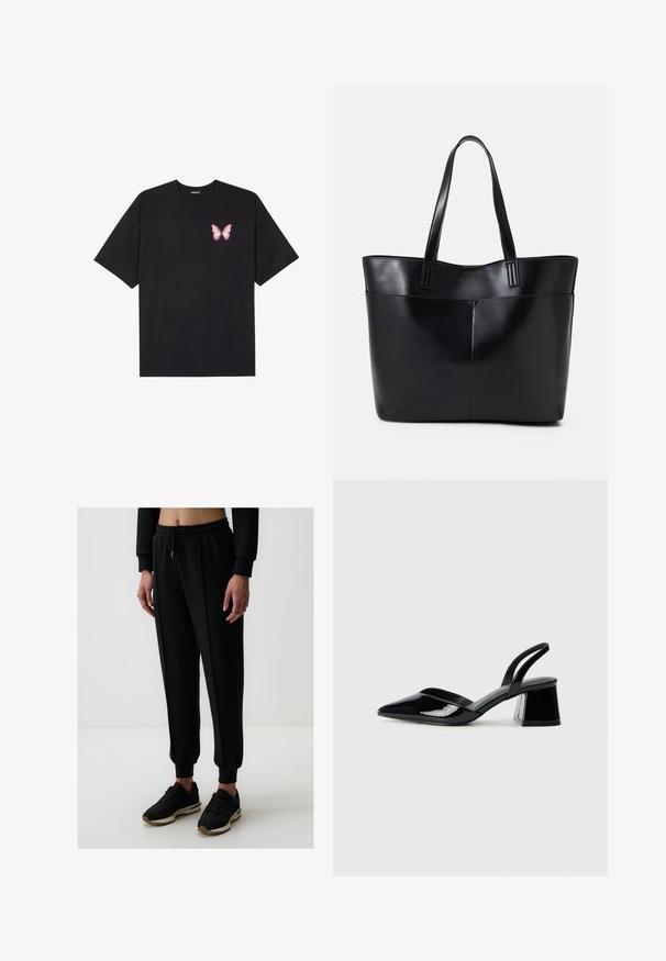 Zwarte katoenen t-shirt met korte mouwen, voorzien van een kleine roze vlinder graphic op de linkerkant van de borst. Crew neck ontwerp met een relaxte fit.; Jimmy Key HIGH WAIST JOGGER - Trainingsbroek - black; Zwarte gepatineerde leren slingback hakken met een spitse neus en een geometrische blokhak. Kenmerkt zich door een slank, minimalistisch ontwerp en een gladde textuur.; Zwarte leren tote bag met twee lange handvatten, een zachte textuur en een gestructureerde vorm. Voorzien van een voorvak voor extra opslagruimte.