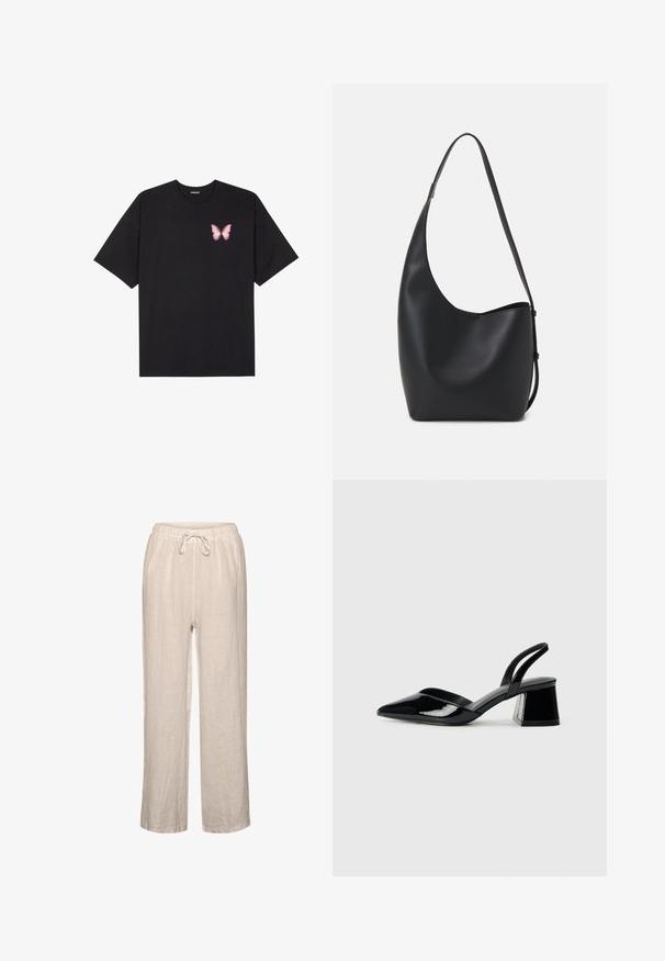 Black cotton t-shirt with short sleeves, featuring a small pink butterfly graphic on the left chest. Crew neck design with a relaxed fit.; Linen pants in light beige with an elastic waistband and drawstring, featuring a relaxed fit and straight leg design.; Black patent leather slingback heels with a pointed toe and a geometric block heel. Features a sleek, minimal design and smooth texture.; Black leather hobo bag with a smooth texture, curved shape, and single adjustable strap; features a wide opening at the top.