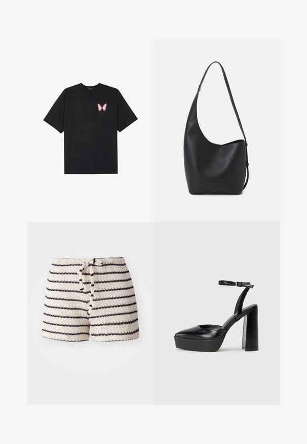 T-shirt nera in cotone con maniche corte, caratterizzata da una piccola grafica di una farfalla rosa sul lato sinistro del petto. Design a girocollo con una vestibilità rilassata.; Pantaloni corti lavorati a maglia in crema con strisce nere. Presentano una vita con cordino e un tessuto testurizzato. Lunghezza corta, design casual.; Tacchi a piattaforma neri con punta appuntita e cinturino regolabile alla caviglia. Realizzati in pelle liscia, presentano un tacco a blocco spesso.; Borsa hobo nera in pelle con una superficie liscia, forma curvata e una singola tracolla regolabile; presenta un'ampia apertura nella parte superiore.
