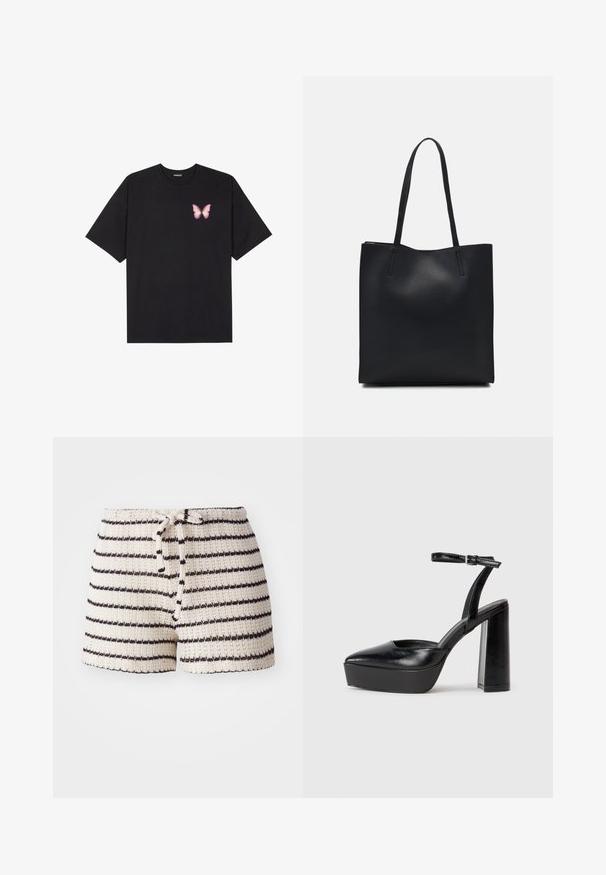 Schwarzes Baumwoll-T-Shirt mit kurzen Ärmeln, das ein kleines pinkes Schmetterlingsmotiv auf der linken Brust zeigt. Crewneck-Design mit einem entspannten Schnitt.; Strickshorts in Creme mit schwarzen Streifen. Verfügt über einen Kordelzugbund und strukturierte Stoff. Kurze Länge, lässiges Design.; Schwarze Plateau-High Heels mit spitzem Zeh und verstellbarem Knöchelriemen. Gefertigt aus glattem Leder und mit einem klobigen Blockabsatz.; Schwarze Laptoptasche aus Leder mit glatter Textur, rechteckiger Form und zwei langen Griffen. Keine sichtbaren Beschläge oder Verzierungen.