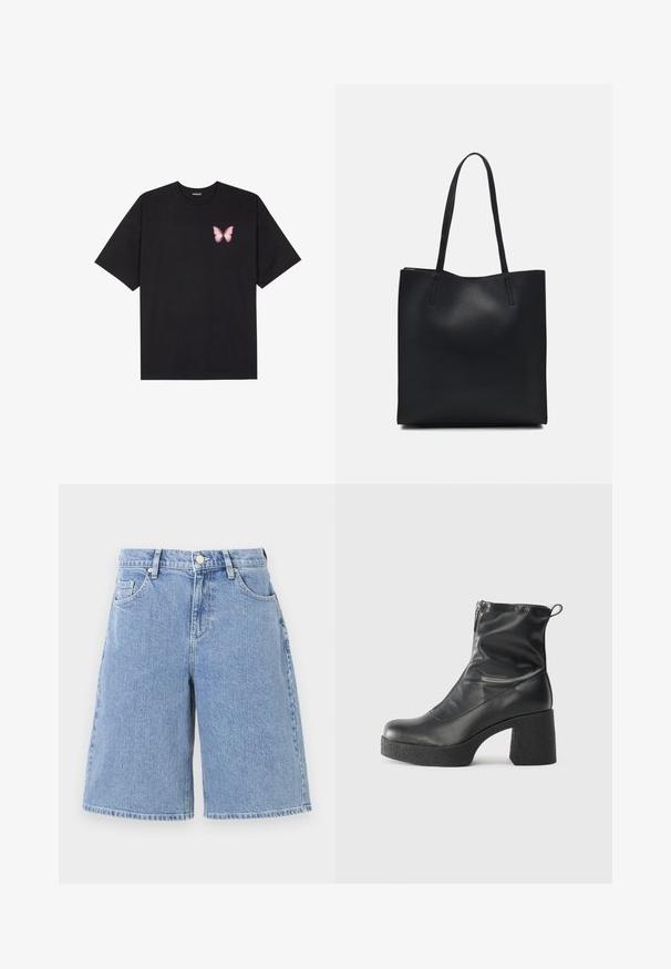 Črna bombažna majica s kratkimi rokavi, ki ima majhen roza metuljček na levi strani prsnega dela. Majica s krožnim ovratnikom in sproščenim krojem.; Svetlo modri jeans kratki hlače s sproščenim fitom, visokim pasom, sprednjimi žepi in dvojno šivanim robom. Gladka tekstura s klasičnim designom.; Črne gležnjarje iz gladke kože z božnim zadrgo, masivnim teksturiranim peto in zaobljeno obliko prstov.; Črna usnjena torba s svilnato teksturo, pravokotne oblike in dvema dolgima ročajema. Brez vidnih metalnih delov ali okrasnih elementov.