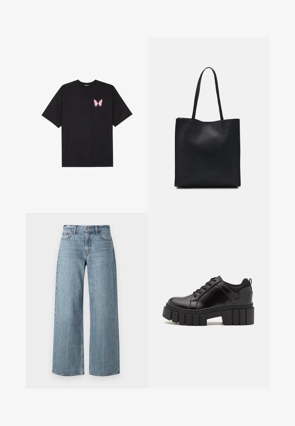 Black cotton t-shirt with short sleeves, featuring a small pink butterfly graphic on the left chest. Crew neck design with a relaxed fit.; Light blue denim wide-leg jeans with a high waist, featuring faded texture, five pockets, and a front button closure.; Black leather platform shoes with a chunky block heel, round toe, and traditional lace-up design. Features smooth texture and minimal detailing.; Black leather tote bag with smooth texture, rectangular shape, and two long handles. No visible hardware or embellishments.