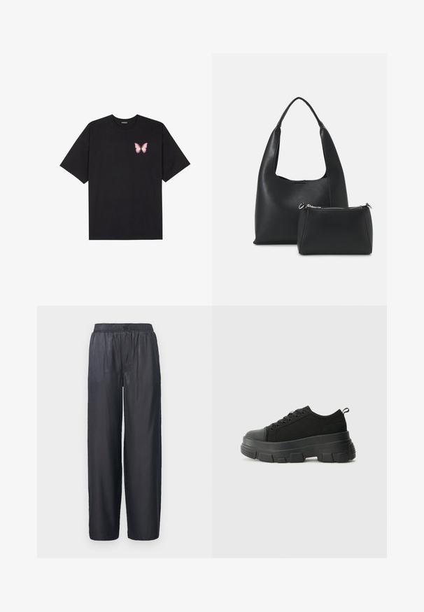 T-shirt en coton noir à manches courtes, avec un petit graphique de papillon rose sur la poitrine gauche. Modèle à col rond avec une coupe décontractée.; Pantalons larges noirs fabriqués à partir d'un tissu lisse et brillant. Équipés d'une taille élastique et sans poches visibles. Design simple, longueur complète.; Baskets noires avec une semelle en caoutchouc épaisse, un dessus en tissu texturé, un bout rond et un design à lacets. Présente des œillets renforcés et une languette à l'arrière.; Even&Odd Sac à main - black