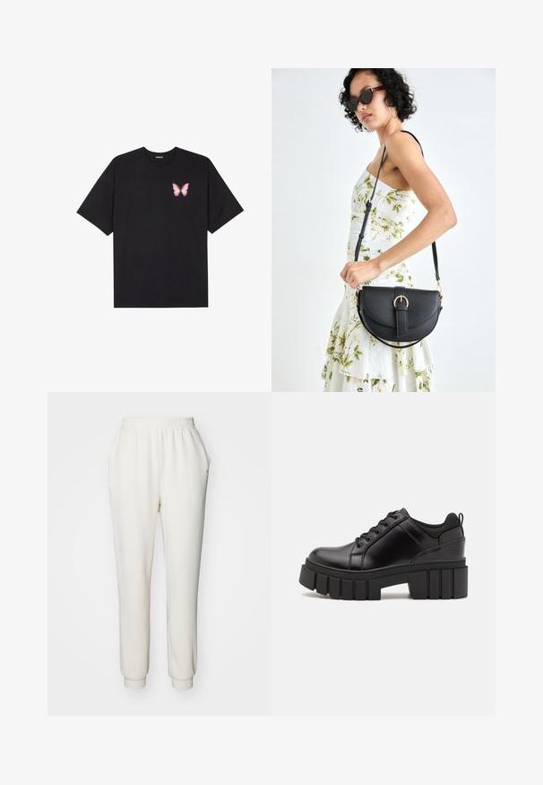 Czarny bawełniany t-shirt z krótkim rękawem, z małym różowym motylkiem na lewej piersi. Klasyczny dekolt z luźnym fasonem.; Białe, zwężane dresowe spodnie z miękkiego materiału, z elastycznym pasem i ściągaczami na kostkach. Posiada boczne kieszenie dla wygody.; Czarne skórzane buty na platformie z masywnym słupkowym obcasem, okrągłym noskiem i klasycznym sznurowaniem. Posiadają gładką teksturę i minimalne wykończenia.; Czarna skórzana torebka o zakrzywionym kształcie, z odpinanym paskiem i złotymi akcentami. Torebka posiada klapę z zapięciem w kształcie klamry.