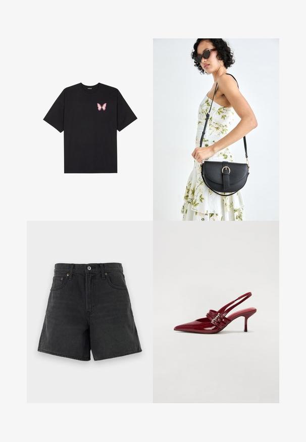 Tricou negru din bumbac cu mâneci scurte, având pe partea stângă a pieptului un mic grafic cu un fluture roz. Design cu guler rotund și croială lejeră.; Șorturi negre din denim cu o croială clasică, prezentând un închis cu buton, cinci buzunare și detalii minime de cusătură. Textură netedă.; Pantofi cu toc slingback din piele roșie lacuită, cu vârf ascutit, două curele cu cataramă și un toc subțire, de înălțime medie. Textură netedă.; Geantă din piele neagră, cu o formă curbată, curea detașabilă și accesorii aurii. Geanta are un capac cu un detaliu tip cataramă.