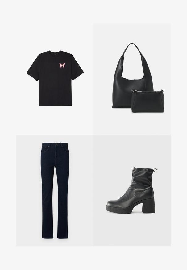 Crna pamučna majica s kratkim rukavima, s malim grafičkim prikazom ružičaste vjetricaste s desne strane na prsima. Dizajn s okruglim izrezom i opuštenim krojem.; Tamno plave traperice s ravnim nogavicama, pet džepova i patentnim zatvaračem, s klasičnom gornjom dugmadi i minimalnim detaljima šivanja.; Crne gležnjače od glatke kože, s bočnim zatvaračem, debelim teksturiranim potplatom i dizajnom s zaobljenim prstima.; Even&Odd Ručna torba - black