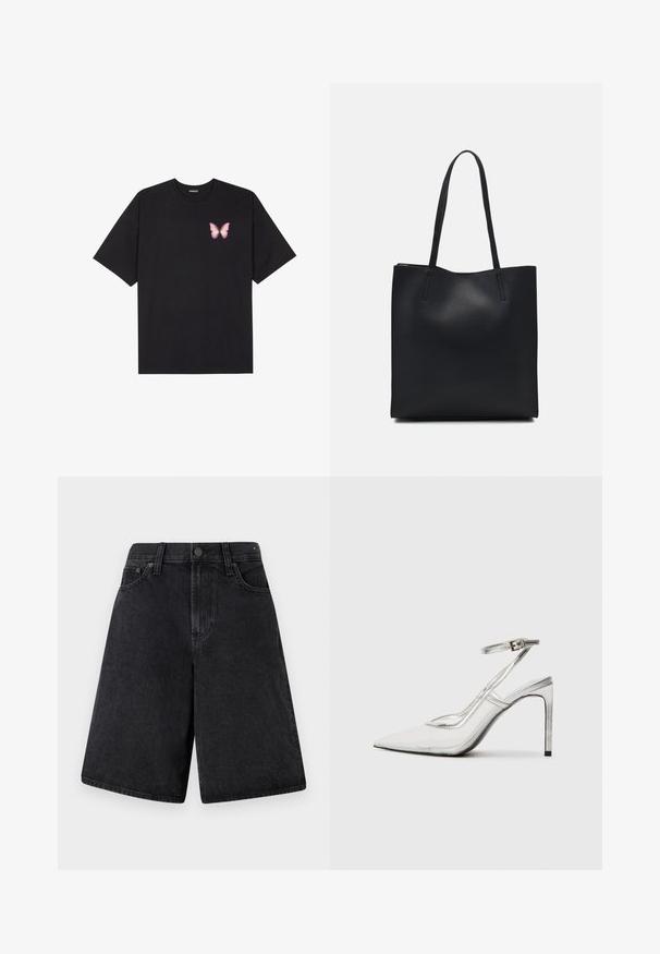 Black cotton t-shirt with short sleeves, featuring a small pink butterfly graphic on the left chest. Crew neck design with a relaxed fit.; Black denim shorts with a relaxed fit, featuring a high waist, five-pocket design, and a button closure at the front.; Clear stiletto heel shoe with a pointed toe, transparent material, metallic silver accents, and adjustable ankle strap.; Black leather tote bag with smooth texture, rectangular shape, and two long handles. No visible hardware or embellishments.