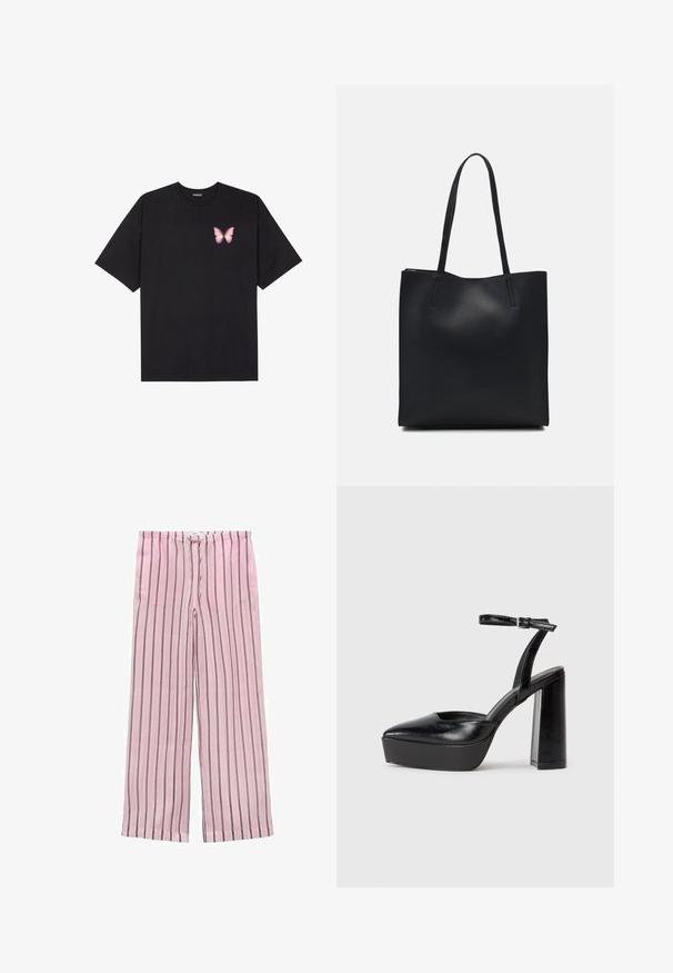 Black cotton t-shirt with short sleeves, featuring a small pink butterfly graphic on the left chest. Crew neck design with a relaxed fit.; Pink striped wide-leg pants with black and gray vertical stripes. Made from lightweight fabric, featuring an elastic waistband for comfort.; Black platform heels with a pointed toe and adjustable ankle strap. Constructed from smooth leather, featuring a chunky block heel.; Black leather tote bag with smooth texture, rectangular shape, and two long handles. No visible hardware or embellishments.