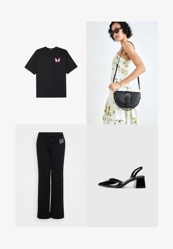 T-shirt de algodão preto com mangas curtas, apresentando um pequeno gráfico de borboleta rosa no lado esquerdo do peito. Design de gola redonda com um corte solto.; Gap Tall HERITAGE BOOT - Calças de fato de treino - true black; Sandy em verniz preto com salto slingback, ponta afilada e salto geométrico. Apresenta um design elegante e minimalista com textura suave.; Bolsa de couro preta com forma curva, alça destacável e detalhes em dourado. A bolsa possui uma aba com detalhe de fivela.