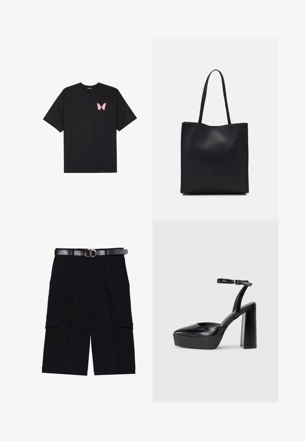 Melna kokvilnas T-krekls ar īsām piedurknēm, kuram priekšā kreisajā pusē ir neliels rozā tauriņa grafiskais attēls. Ar apaļu kaklu un brīvā stila piegriezumu.; Melnas kargo šorti, izgatavoti no viegla auduma, ar taisnu piegriezumu, sānu kabatām un brūnu ādas jostu ar sudraba sprādzi.; Melnas platformas papēžs ar norādītu purngala formu un regulējamu potītes siksniņu. Izgatavotas no gludas ādas, ar masīvu bloku papēdi.; Melnas ādas somiņa ar gludu tekstūru, taisnstūra formu un divām garām rokturiem. Nav redzamu aparatūras vai rotājumu.