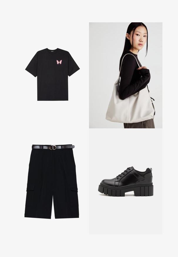 Juodas medvilnės marškinėliai trumpomis rankovėmis, su maža rožine drugelio grafika kairėje krūtinės pusėje. Apvalus kaklo iškirpimas, laisvas kirpimas.; Juodi cargo šortai, pagaminti iš lengvos medžiagos, su tiesiu kirpimu, šoninėmis kišenėmis ir rudos odos diržu su sidabriniu sagtimi.; Juodi odiniai platformos batai su masyviu blokuota kulniuku, apvalia nosimi ir tradiciniu šnypštimo dizainu. Turintys glotnų paviršių ir minimalų dekoravimą.; Bežinė rankinė, pagaminta iš minkštos medžiagos, turinti laisvą dizainą, siuvinėtas detalės ir dvi petnešos. Tinkama kasdieniam naudojimui.